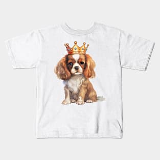 Watercolor Cavalier King Charles Spaniel Dog Wearing a Crown Kids T-Shirt